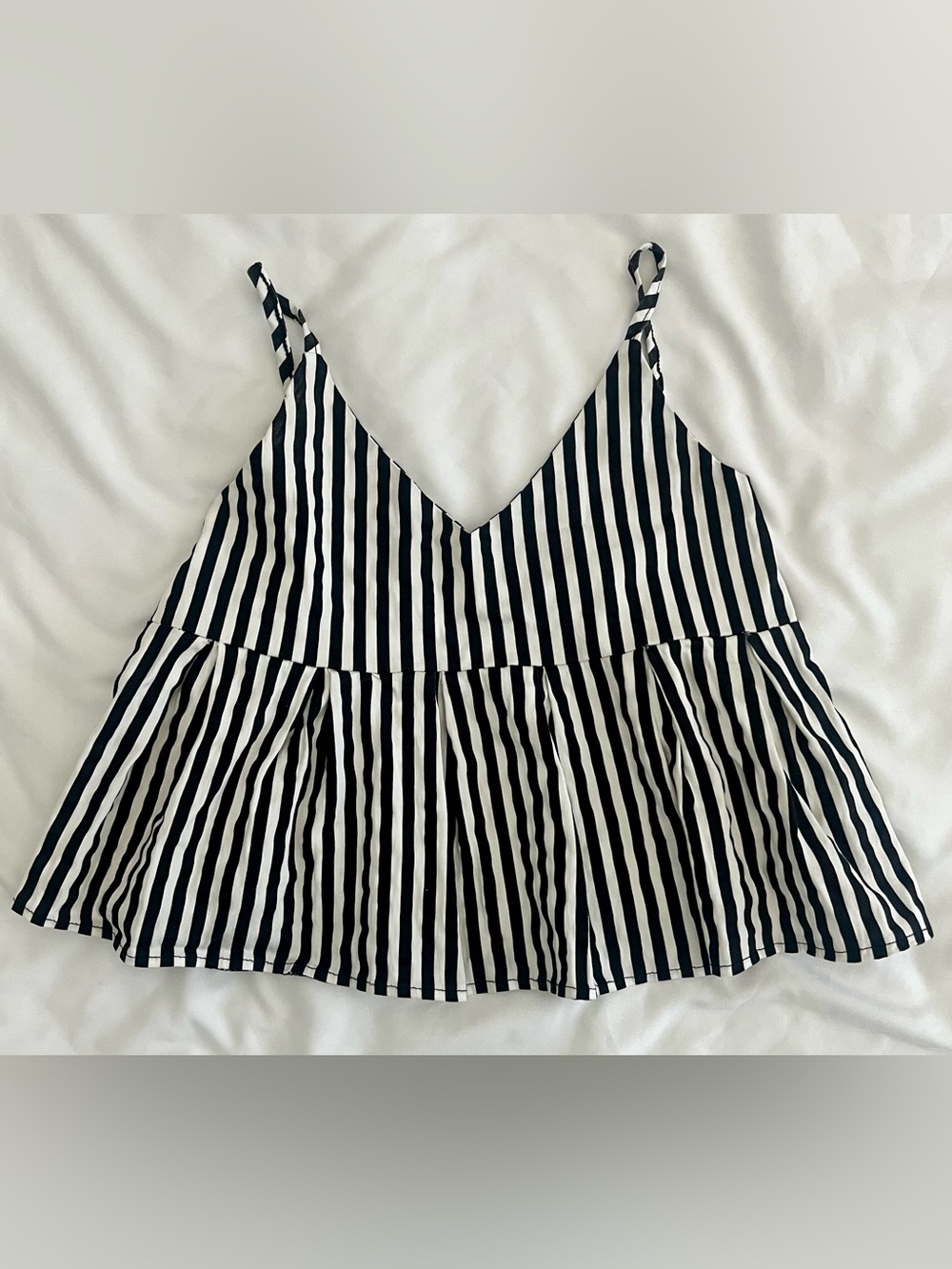 Black & White Striped V-Neck Pleated Babydoll Peplum Crop Top
